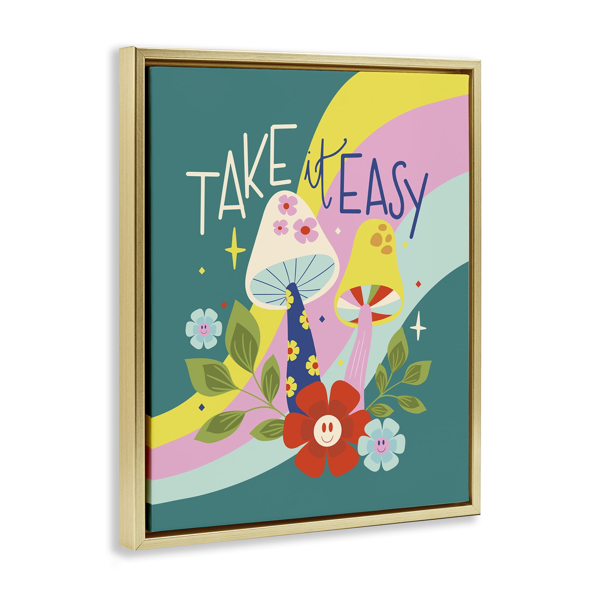 Stupell Industries Take It Easy Mushrooms Plants & Flowers Painting Gold Floater Framed Canvas Art Print Wall Art, 25 x 31