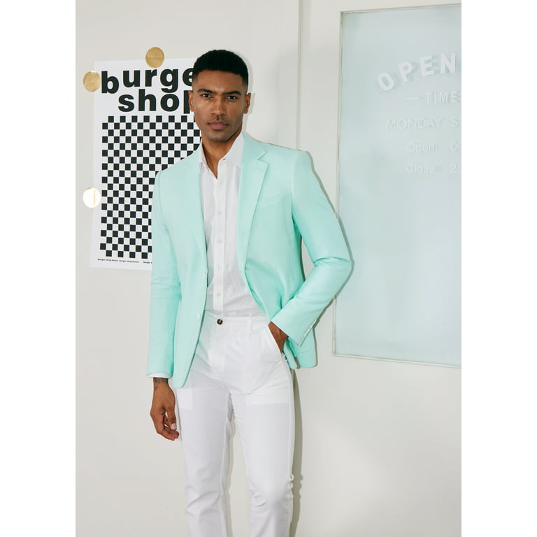 1PA1 Men's Linen Blend Suit Jacket Two Button Business Wedding Slim Fit  Blazer,Mint Green,XL