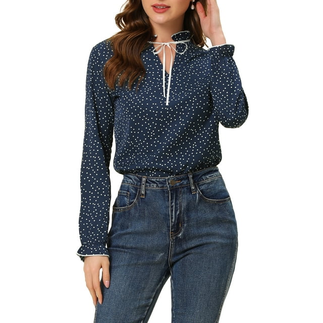 INSPIRE CHIC Women's Tie Ruffled Neck Blouse Long Sleeves Tops L Dark Blue-Polka Dots