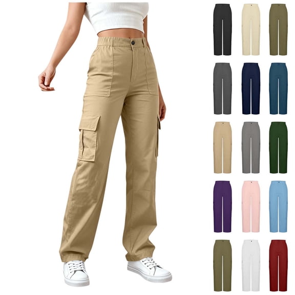 Xaqiouau Women Cargo Pants High Waisted Khaki Cargo Pants Straight Leg Loose Fit Work Trousers Multi Pocket Casual Utility Pants