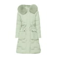 thumbnail image 2 of Women's Slim Fit Mid-Length Puffer Coat, Waist Defining Quilted Jacket, Faux Fur Trim Hooded Parka, Winter Fashion Coat, Cold Weather Outerwear, Tapered Waist Parka Green XXL, 2 of 4