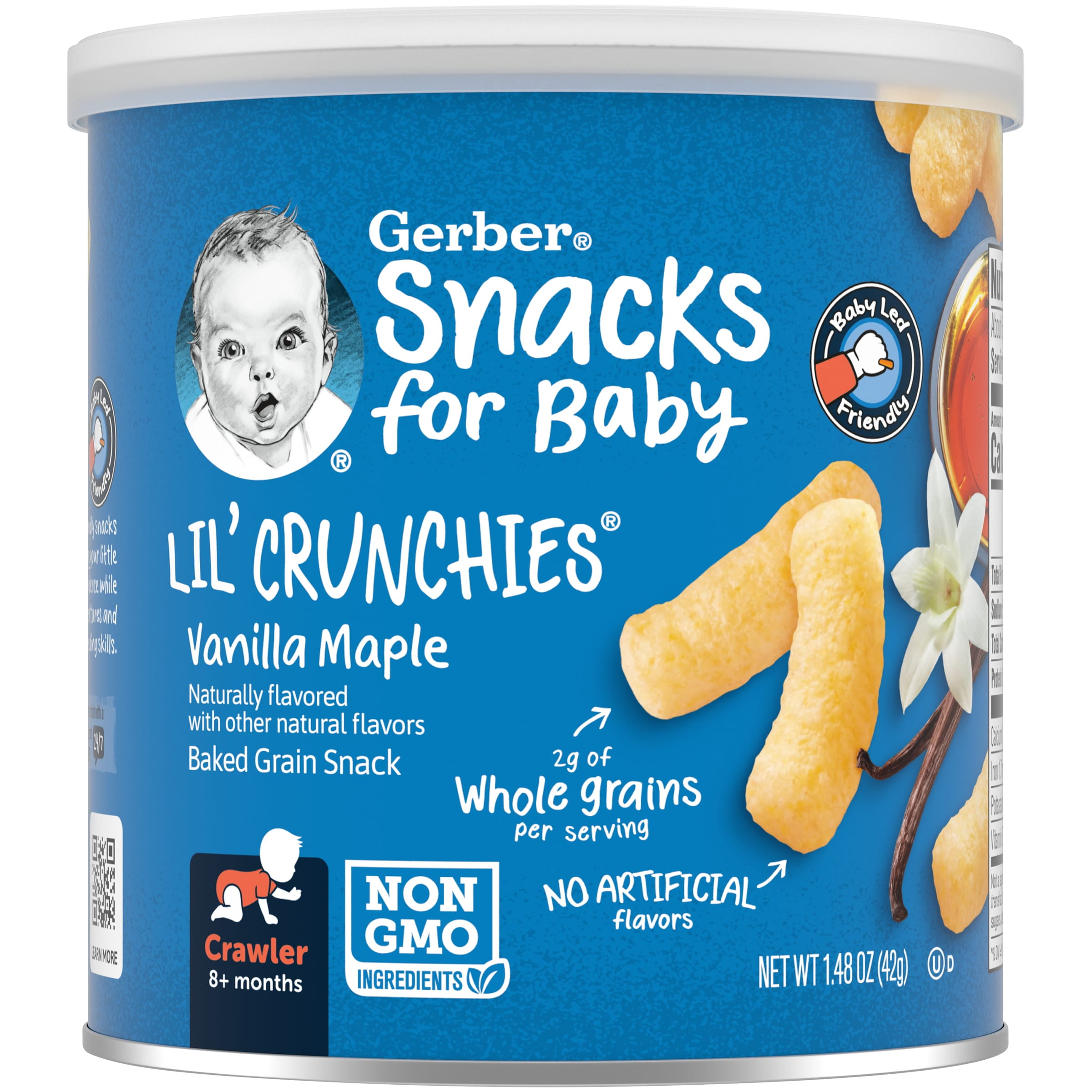 Gerber Snacks for Baby Lil Crunchies Baked Grain Vanilla Maple, 1.48 oz Canister