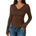 thumbnail image 2 of WTOBBY Women's Long Sleeve V-Neck Shirt Slim Fit Blouse Top, Asymmetric Hem Stacked Neck Sexy Going Out Tops for Fall Events,Brown M, 2 of 4