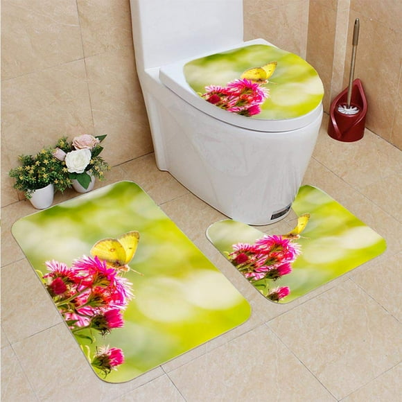 EREHome Papillon Citron et Aster Rose 3 Piece Bathroom Rugs Set Bath Rug Contour Mat and Toilet Lid Cover