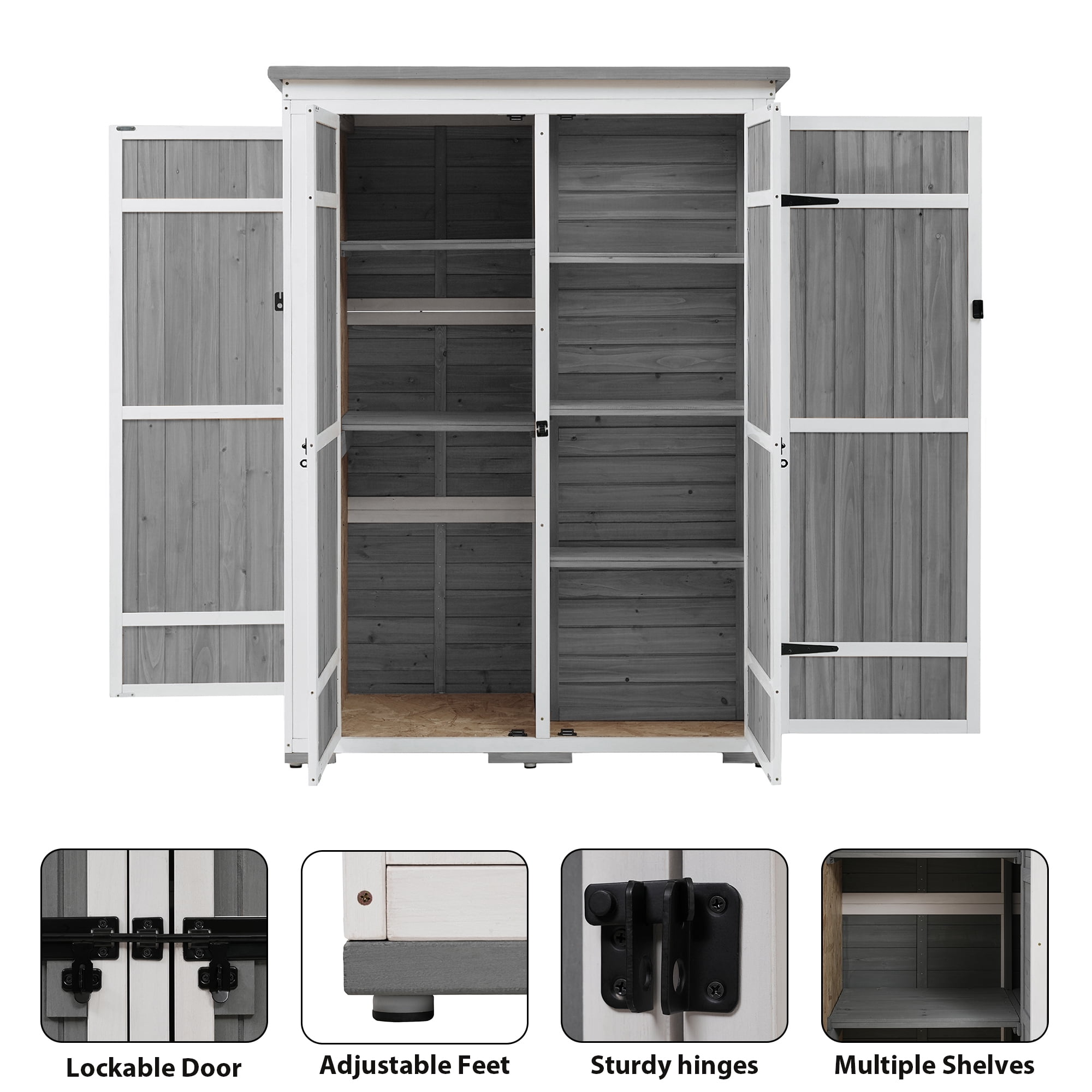 MAYEERTY Outdoor 5.5ft Wood Storage Shed with Lockable Doors, Multi-Shelf Garden Tool Cabinet with Waterproof Roof