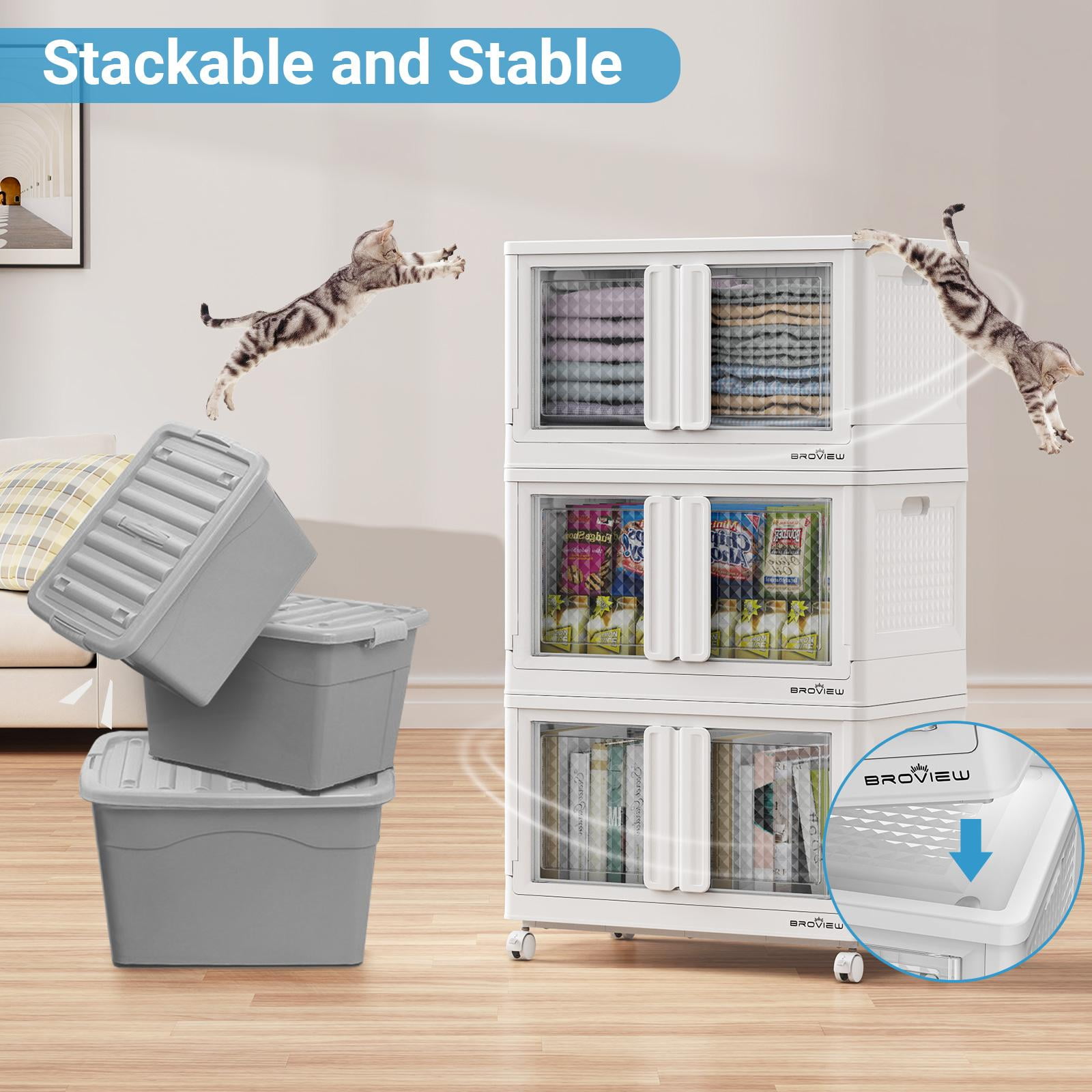 BROVIEW V10 480 Qt Plastic Storage Bins with Lids & Doors, 4 Pack 120Gal Stackable Closet Organizer and Storage Drawers with Wheels, Large Collapsible Storage Boxes, Cabinet for Home, White