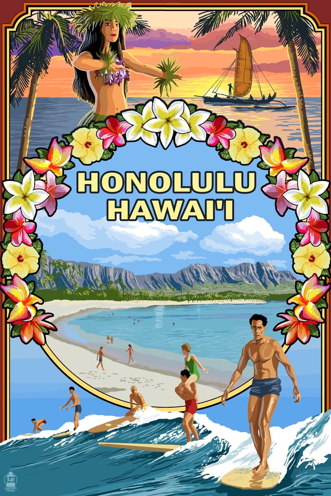 Honolulu, Hawaii, Montage (24x36 Giclee Gallery Art Print, Vivid