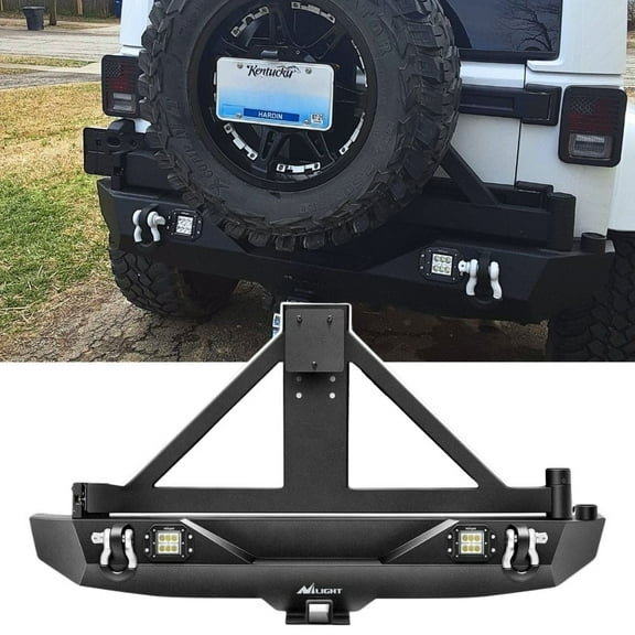 Nilight Rear Bumper & Spare Tire Rack & Hitch Receiver w/2 Led Lights Compatible for 2007-2018 Jeep Wrangler JK for 2007-2018 Jeep Wrangler JK & Unlimited