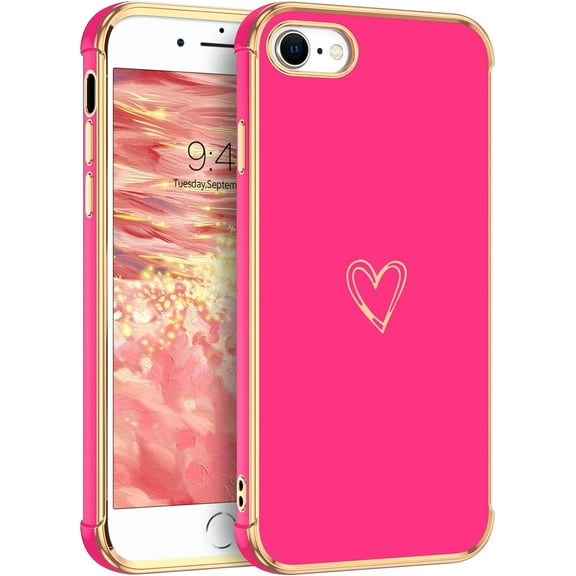for iPhone SE 2022/2020 Case, for iPhone 8 Case for iPhone 7 Case Luxury Cute Gold Heart for Women Girls, Full Camera Protector Shockproof Protective Corner Cover -Hot Pink