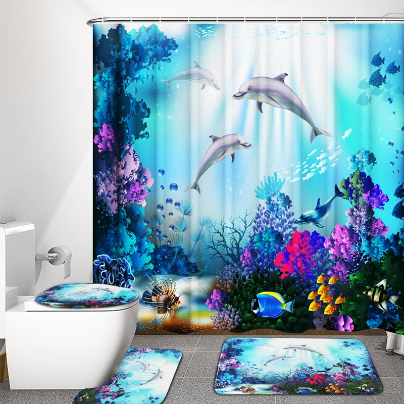 Blue Underwater World Theme Shower Curtain and Bath Mat Set 4 Piece Blue Sea Tropical Fish Bathroom Set with Shower Curtain and Rugs Toilet Cover Kids Bathroom Decor