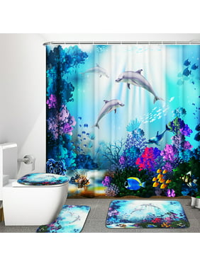 4pcs Dolphin Shower Curtain Set with Rugs, Cute Blue Sea Ocean Fish Bathroom Shower Curtain, Non-Slip Bathroom Mat Toilet Rug Bath Mat, Polyester Waterproof Bath Curtain, Dolphin