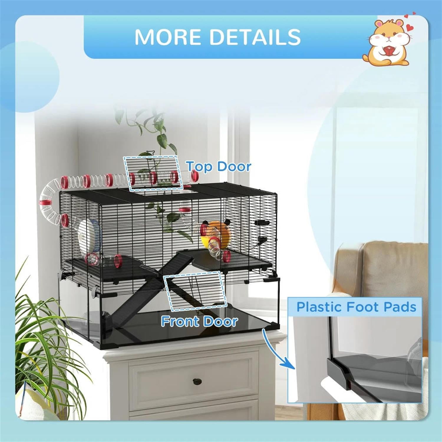 Kadyn 31" Hamster Cage, Gerbil Cage with Glass Basin, Tube and Tunnel for Small Hamsters, 2 Levels Small Animal Habitats, Black