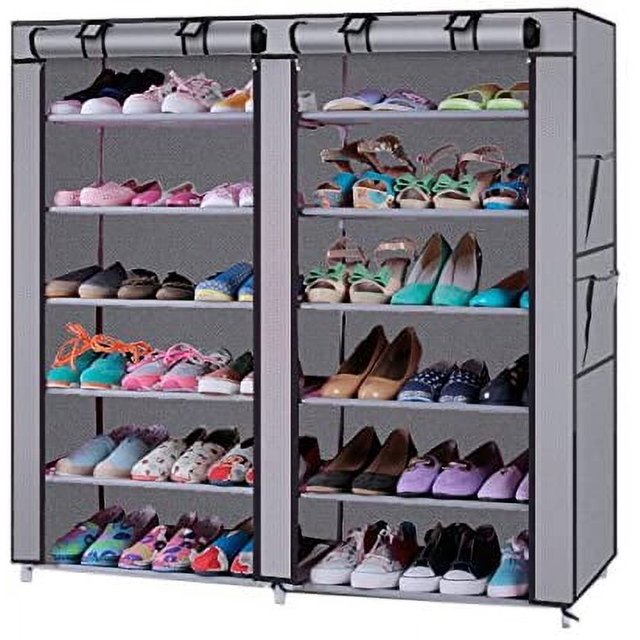 9 Tier 9 Lattices Non Woven Fabric Shoe Rack,Free Standing Shoe Racks,Shoes Racks Organizer for Closet,Stackable Shoe Rack,with Side Pocket,for Doorway, Corridor, Balcony, Living Room (Grey)
