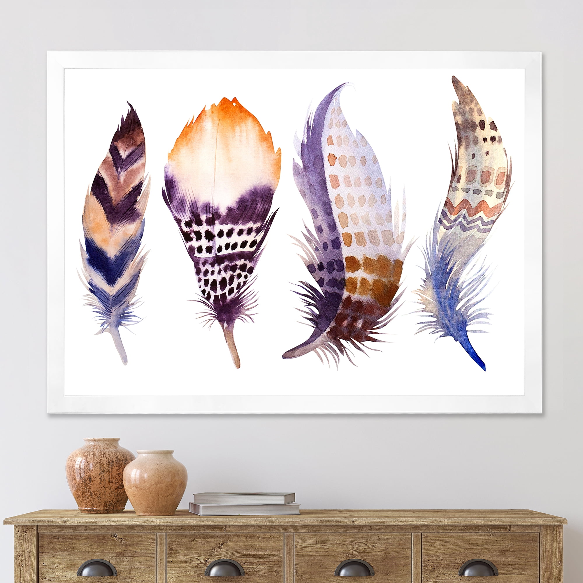 Designart 'Purple Boho Art Feathers' Bohemian & Eclectic Framed Art Print