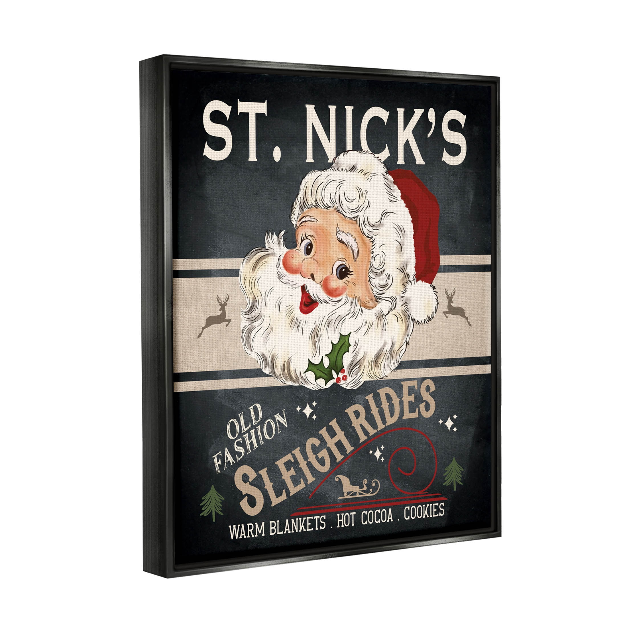 St. Nick's Sleigh Rides Vintage Style Sign Holiday Graphic Art Jet Black Framed Art Print Wall Art