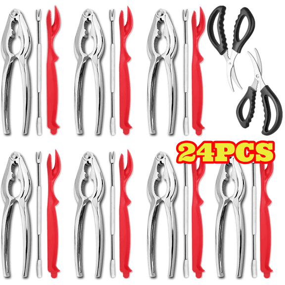 24pcs Seafood Tools Set Including 7 Crab Crackers, 7 Lobster Sheller, 7 Crab Leg Forks/Picks and 2 Seafood Scissors & Storage Bag, Nut Cracker Set