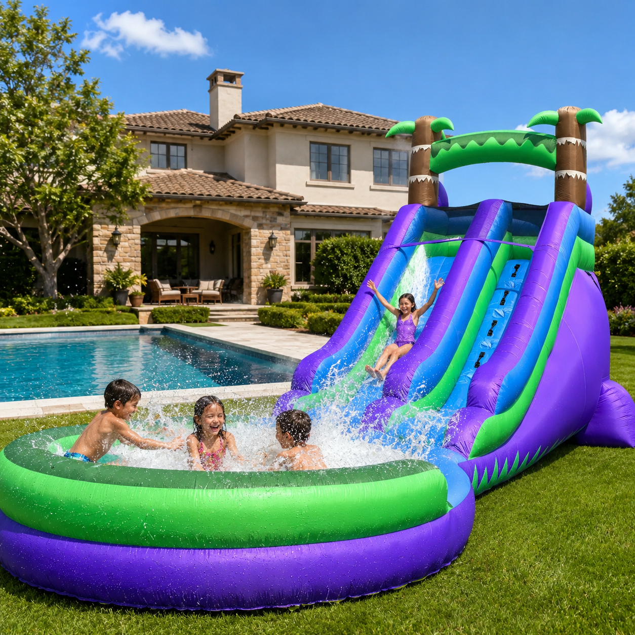 Connsann Inflatable Rainforest Water Slide 22.5ft Large Splash Pool Blower Included Backyard Water Park for Kids 1 Pack