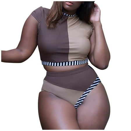 

Bowake Women s Fashion Stripe Splicing High Waist Belly Split Large Size Swimsuit The size is too small please buy one or two sizes larger than normal