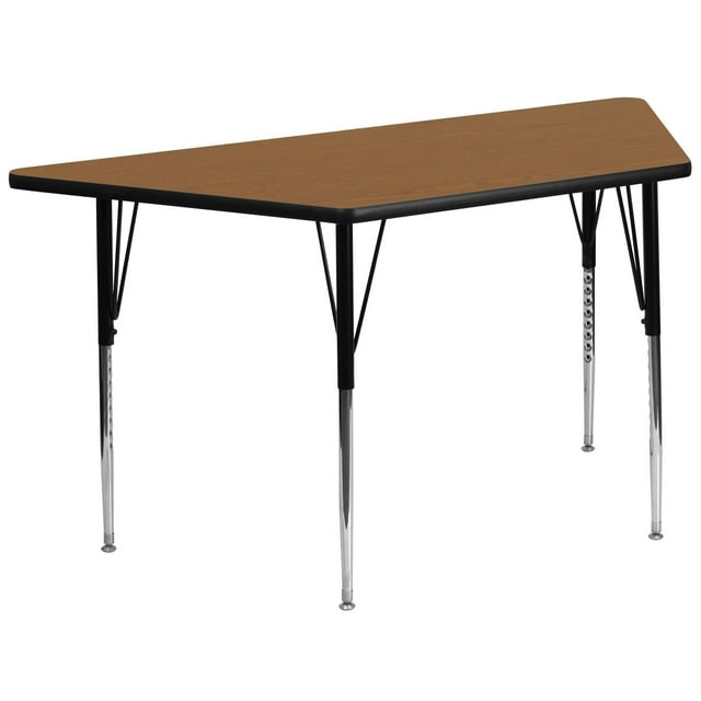 29.5''W x 57.25''L Trapezoid Oak Thermal Laminate Activity Table - Standard Height Adjustable Legs