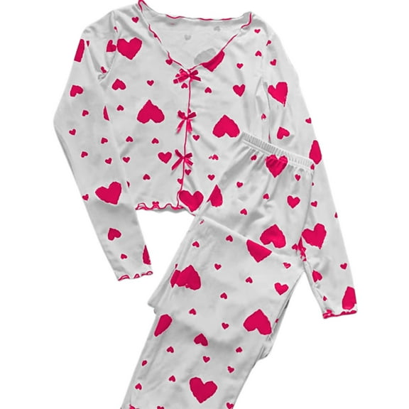 Shadoumai Women's Long Sleeve Heart Print Pajama Set Cozy Sleepwear Loungewear For Home Comfort