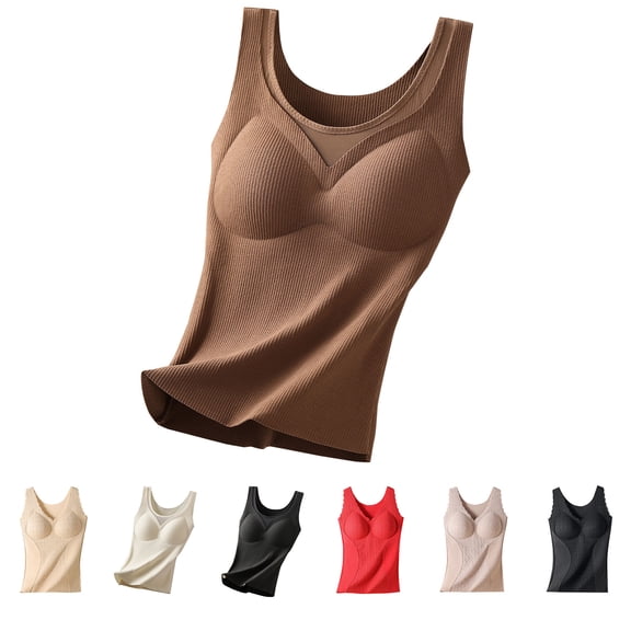 Antinious Women Solid Sleeveless Pajama Seamless Built In Pad Fleece Lined Thermal Undershirts