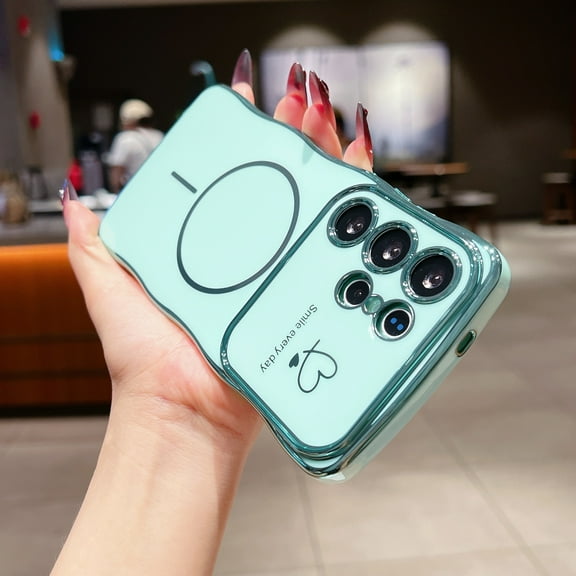 For Samsung Galaxy A26 5G Case for Women Girls [Compatible with MagSafe] Cute Curly Wave Shape, Magnetic Love Heart Pattern with Camera Lens Cover Luxury Plating Shockproof Phone Case, Green