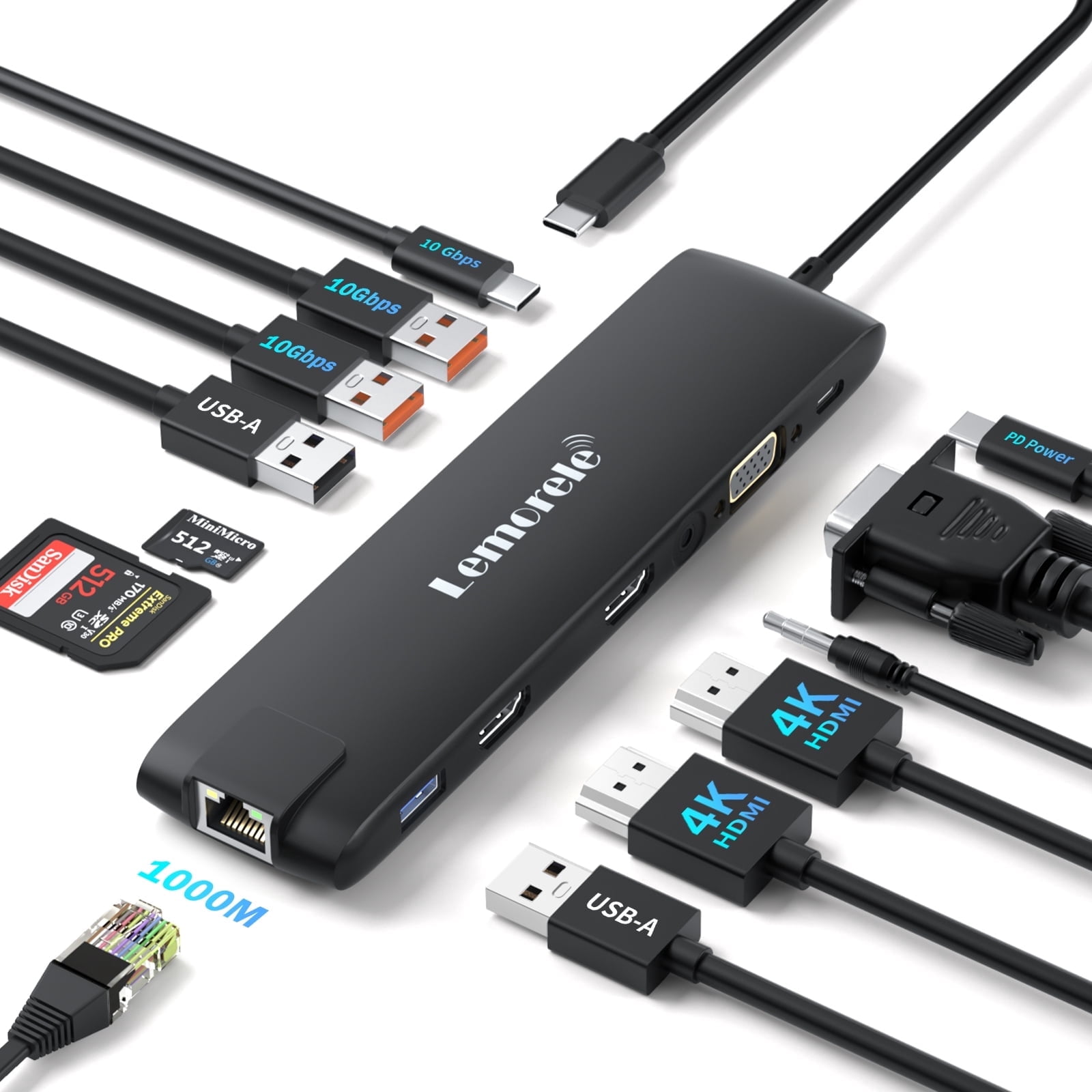 Lemorele USB C Docking Station Triple Monitor,13 in 1 USB C Hub, Multi-functional Adapter with 2 HDMI, VGA,Gigabit Ethernet,USB/USB C 3.2 Data,100W PD for Laptop MacBook/Dell/HP