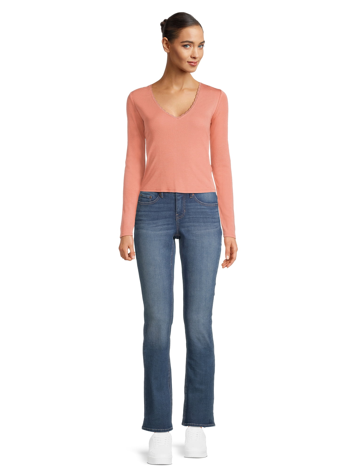 Self Esteem Juniors Lace Trim V-Neck Tee with Long Sleeves
