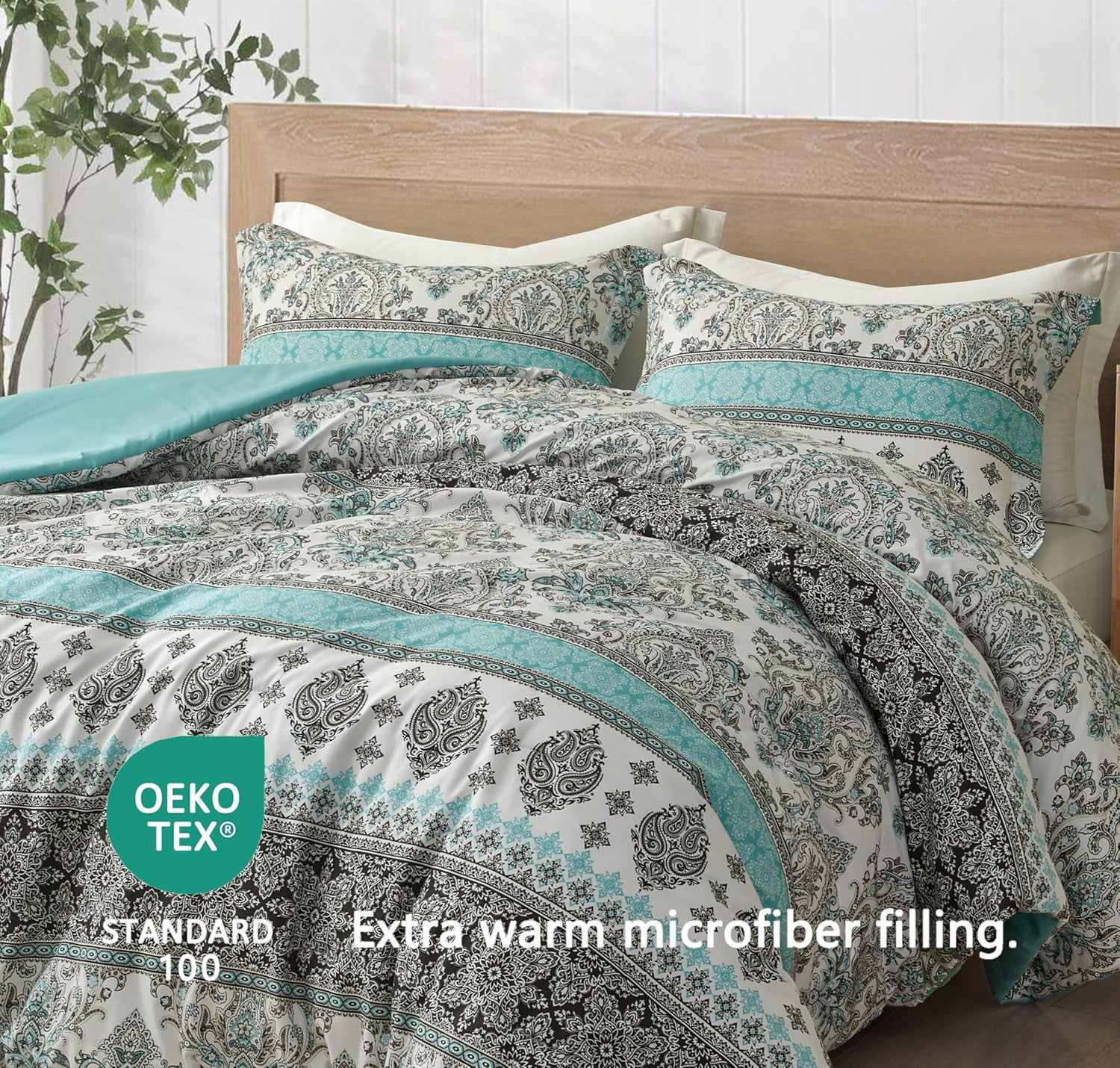 Chezmoi Collection Herald 2-Piece Printed Comforter Set, Aqua Blue Black White Boho Damask, Pre-Washed Microfiber Lightweight Bedding for All Seasons, Twin Size