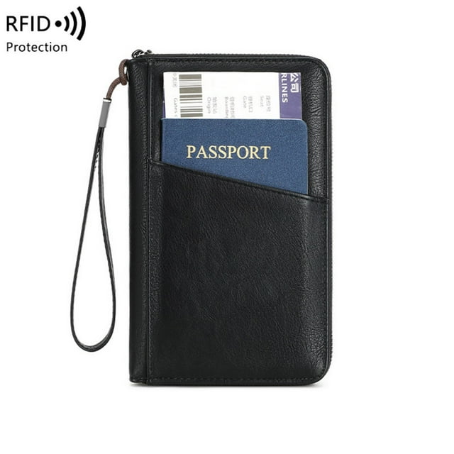 RFID Blocking Multi-functional Document Organizer with Long Zipper - PU Leather Travel Wallet featuring 2 Bill Compartments, 4 Card Slots, Coin Pocket, Photo Holder, SIM & Pen Slots, and Ticket