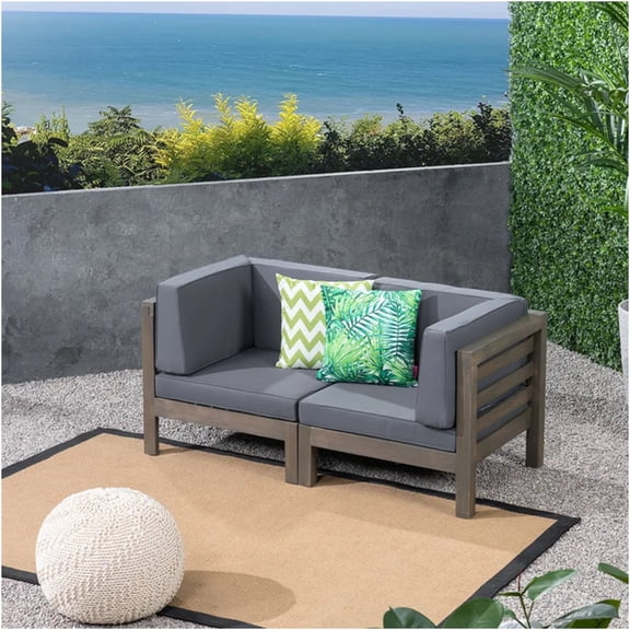 JERFIT Modern Acacia Wood Loveseat Set with Cushions, Dark Gray 2-Piece Outdoor Patio Furniture for Small Spaces