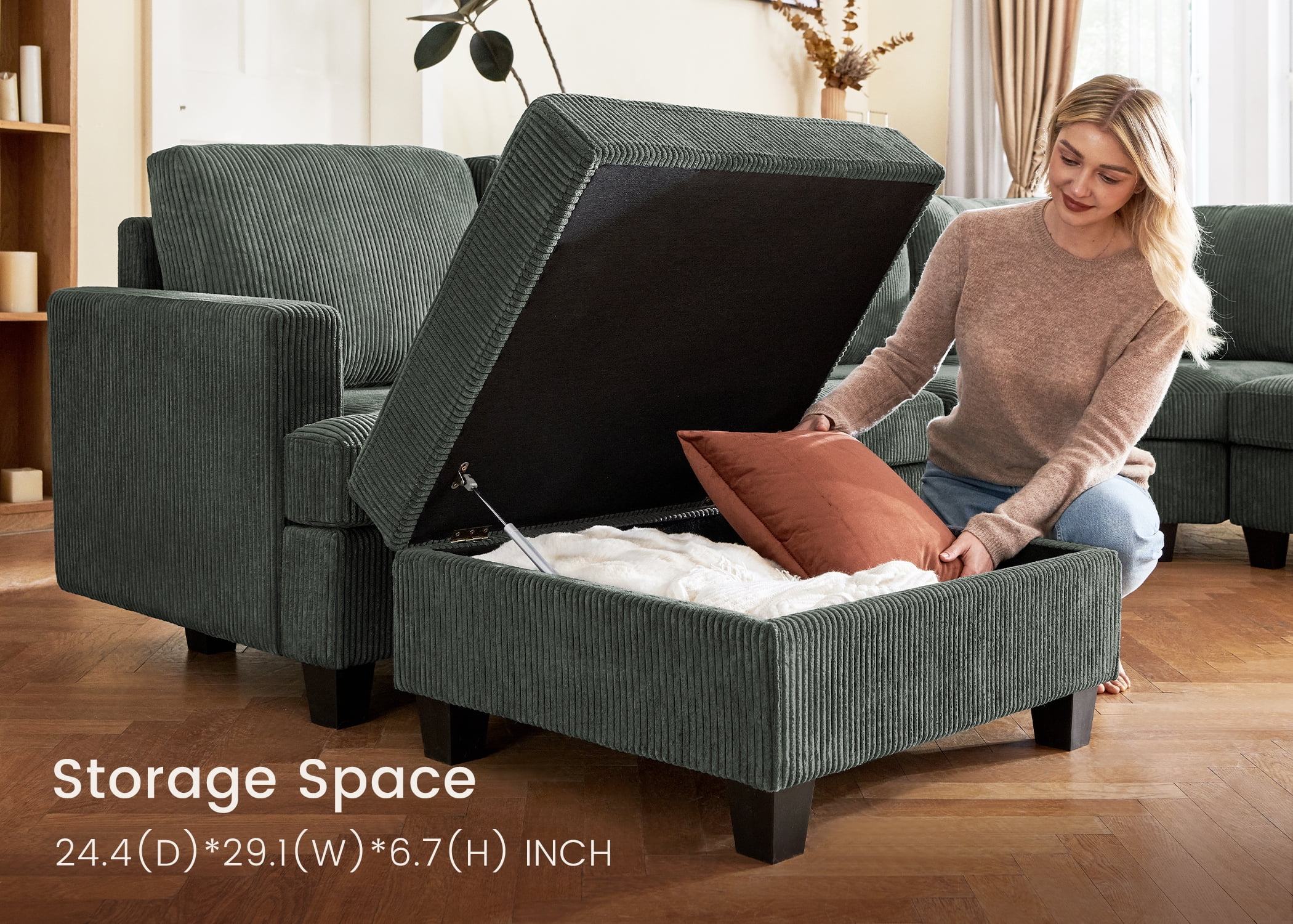 HONBAY Sectional Corduroy Sleeper Sofa Bed U Shaped Convertible with Hidden Storage Ottomans for Living Room, Green
