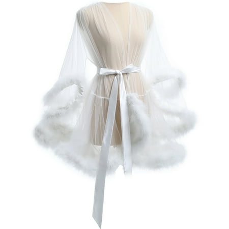 Women Luxurious Trim Long Sleeve Mesh Kimono Robe Sheer Nightgown Lingerie