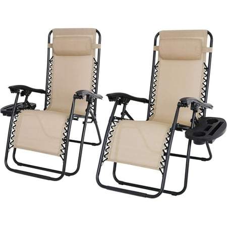 Zero Gravity Lounge Chairs Set Of 2 Adjustable Folding Recliners With Cup Holders And Headrest For Patio, Pool Deck Beach Yard
