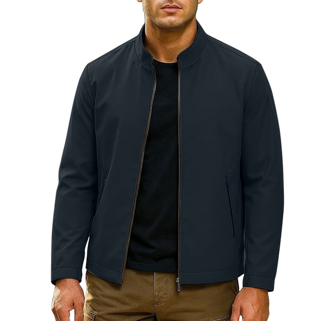 Dagegui Lightweight Fall Coats for Men Lightweight Zip Up Stand Collar Jackets Solid Color Business Work Jacket Outwear with Pockets Navy XXL