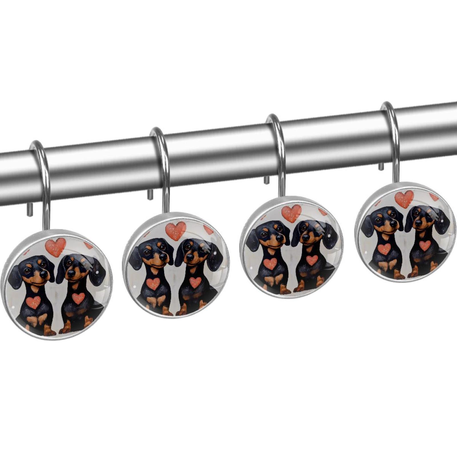 Black Dog Couple with Heart Shower Curtain Hooks Round Crystal Glass, Set of 12 Shower Curtain Rings - Shower Hooks for Curtain Shower Rings