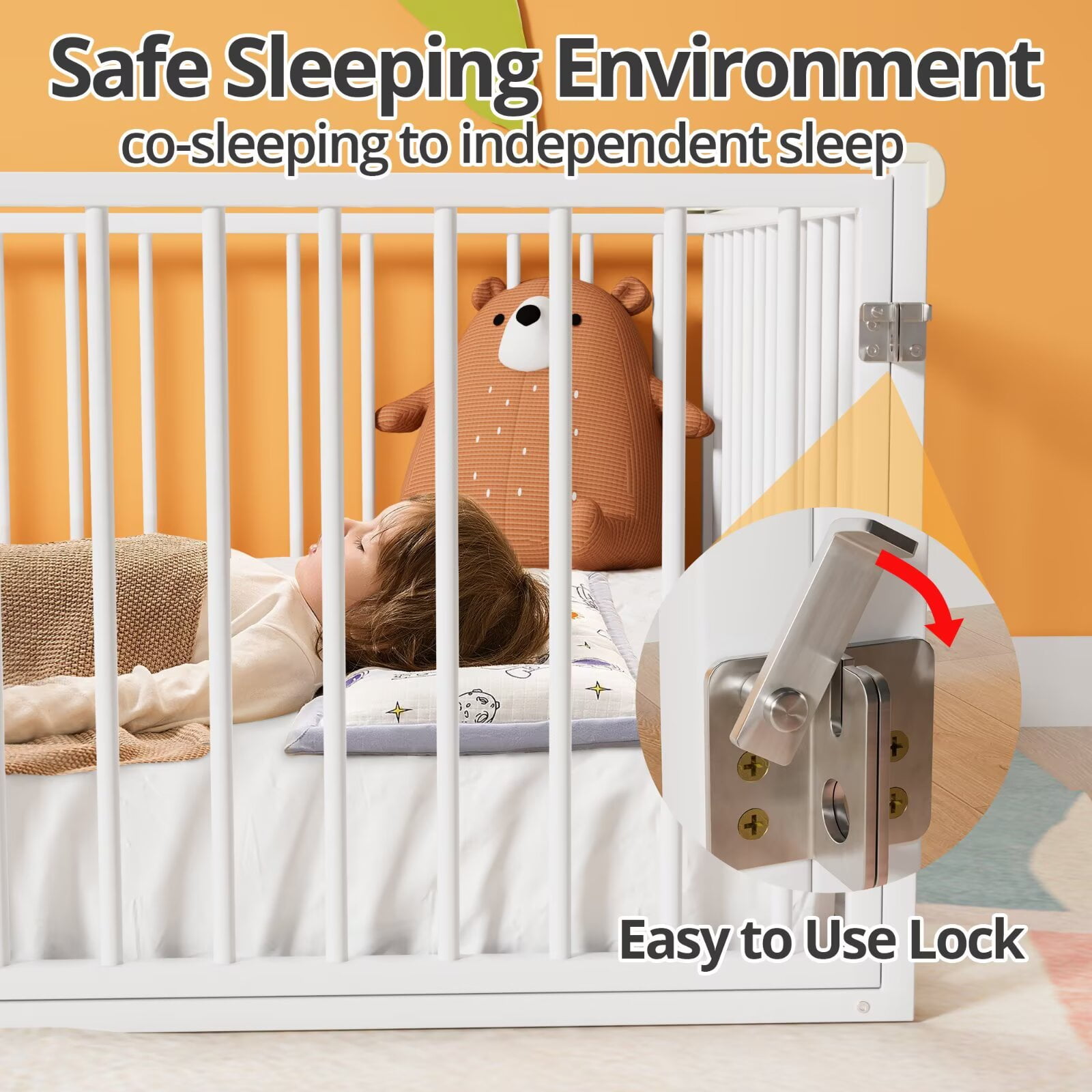 Queen Size Floor Bed, Metal Montessori Floor Bed Frame with 20.6" High Full-Length Fence and Door,No Slats, White