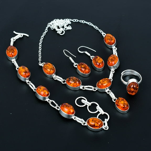 Baltic Amber Oval Gemstone Handmade Gift 925 Sterling Silver Jewelry Set VJ 1011
