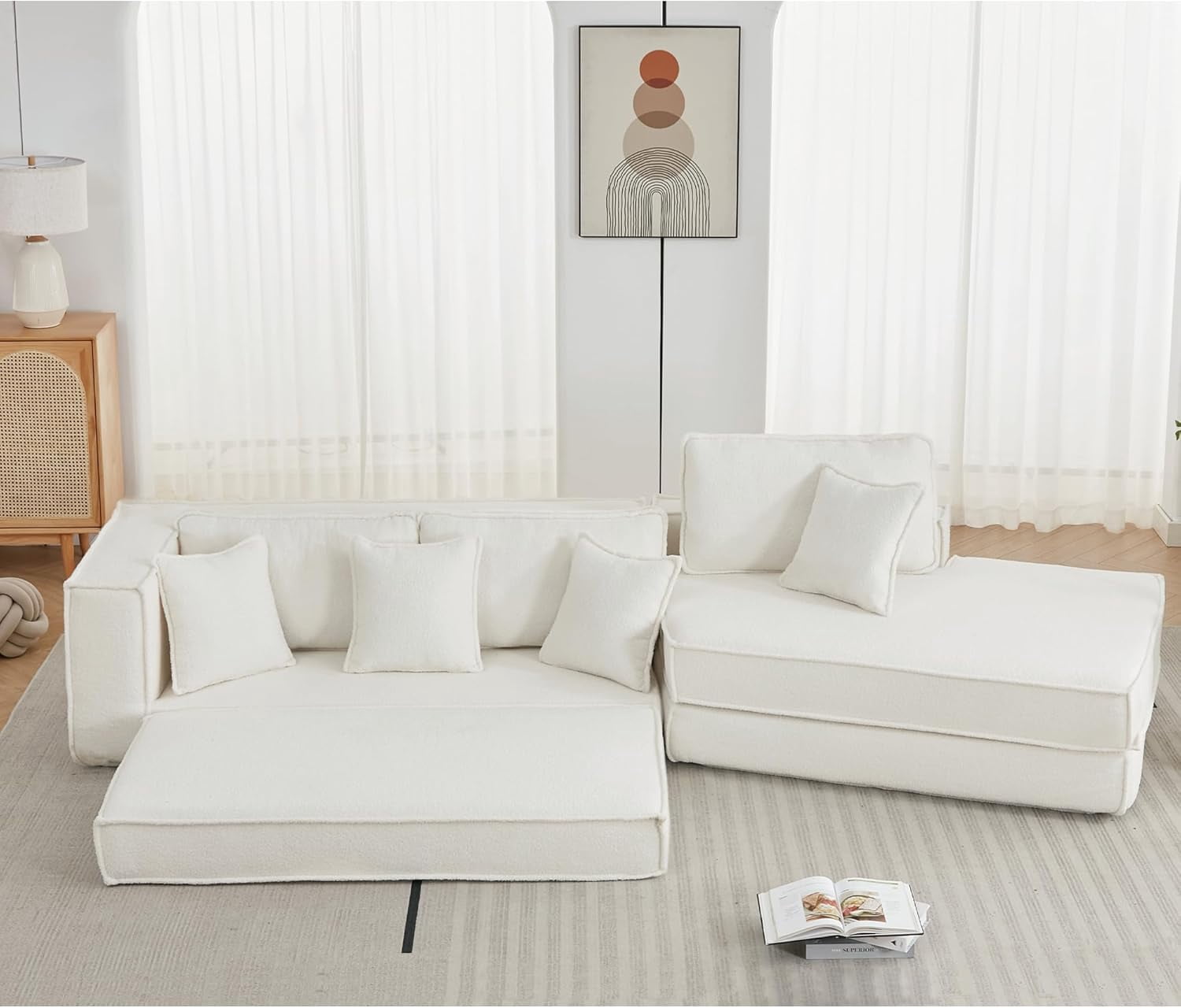 Howcool 133" Modular Cloud Sectional Sofa Bed, 2-in-1 Folding Convertible Couch, Lamb Velvet Fabric, Deep Seat Floor Gaming Sofa, 3-Seat Sleeper for Living Room, Beige