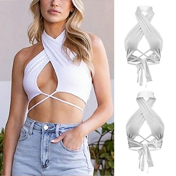 SNKSDGM Female Spaghetti Strap Tank Top Cropped Tank Top for Women Fitted Basic Tanks Summer Tight Fitting Refreshing Strapping Sexy Chest Wrap and Neck Top One Size