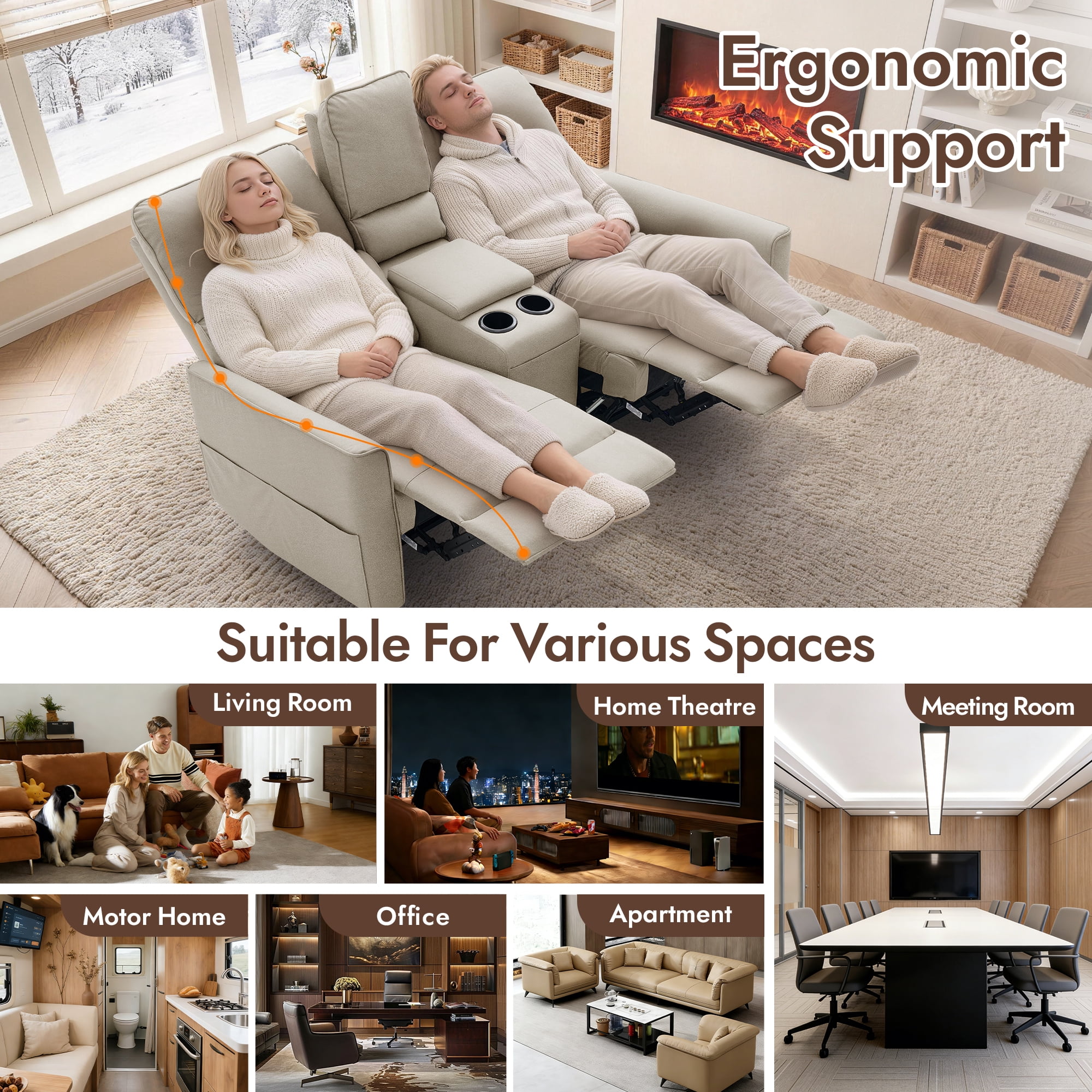 Korser 2-Seater Recliner Sofa with Pillow,Double Recliner Loveseat with Storage Console, Side Pockets, Cup Holders Manual Recliner Sofa for Living Room,Khaki