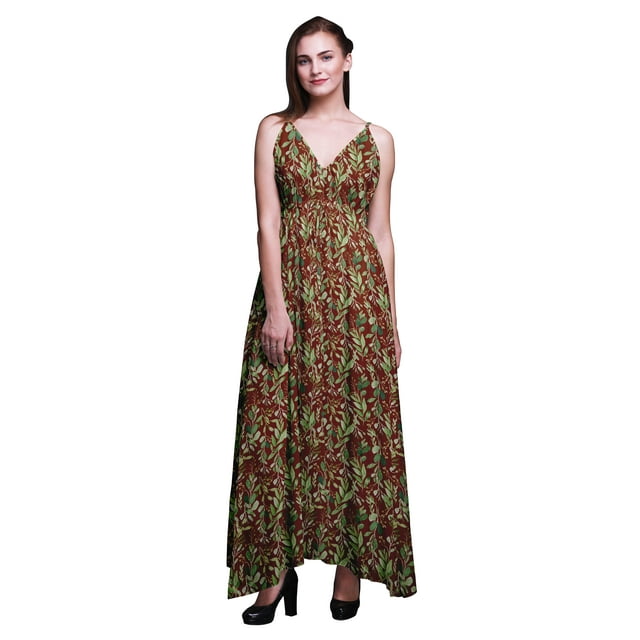 Bimba Robe de Plage Longue Maxi à Bretelles Imprimée Feuilles pour Femmes Tenue d'Été de Resort-Moyenne