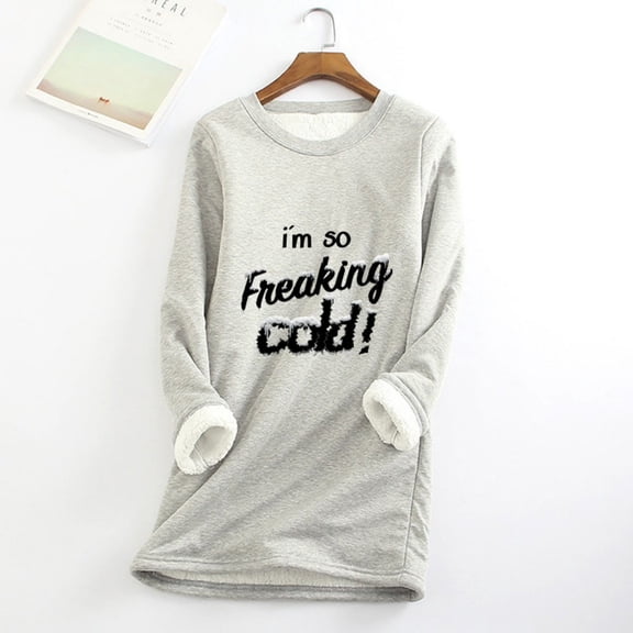 Wowcloth Womens Fleece-Lined Thermal Shirt with Letter Print and Round Neck, Long Sleeve Thickened Warm Base Layer for Autumn Winter Indoor Outdoor Wear