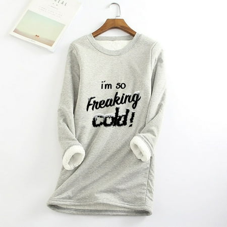 Wowcloth Womens Fleece-Lined Thermal Shirt with Letter Print and Round Neck Long Sleeve Thickened Warm Base Layer for Autumn Winter Indoor Outdoor Wear