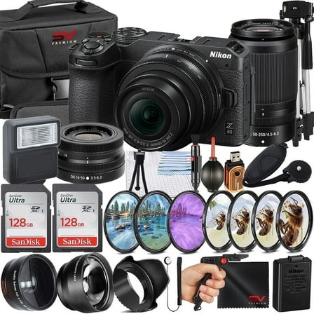 Nikon Z30 Mirrorless Camera with 50-250mm Lens   SanDisk 128GB Memory Card   Pistol Grip Tripod   SV Premium Accessory Bundle