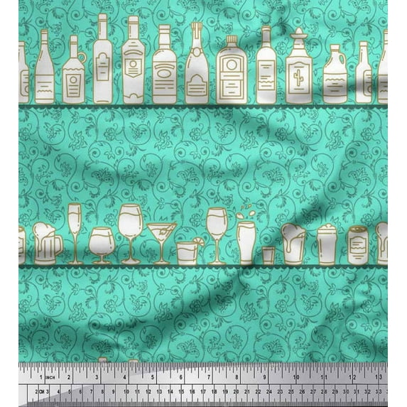 Soimoi Modal Satin Fabric Swirl,Bottle & Cocktail Bar Fabric Prints by Yard 42 Inch Wide