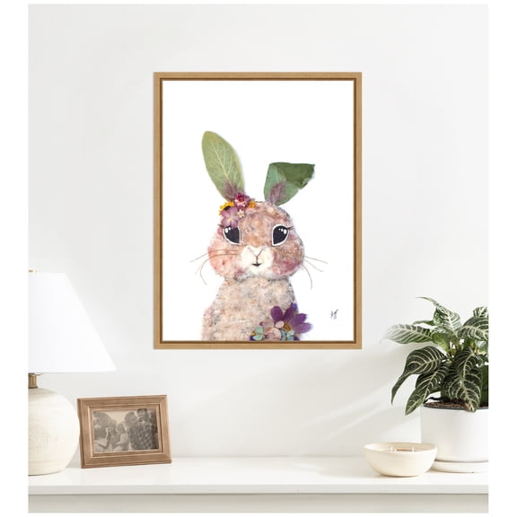 Kate and Laurel Framed Canvas Wall Art Print Bunny by Madeline Jeppesen, 18 x 24 Sylvie Natural Frame, Whimsical, Animal Art for Wall Decor