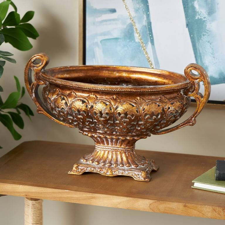 Deco 79 Gold Polystone Decorative Bowl With Handles - 19x10x12 Inches, Ornate Traditional Design