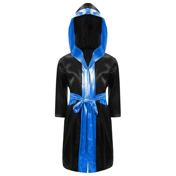 RUNQHUI Kids Boys Boxing Robe Cute Boxer Cloak Hooded Satin Long Boxer Hoodie Black&Blue 14