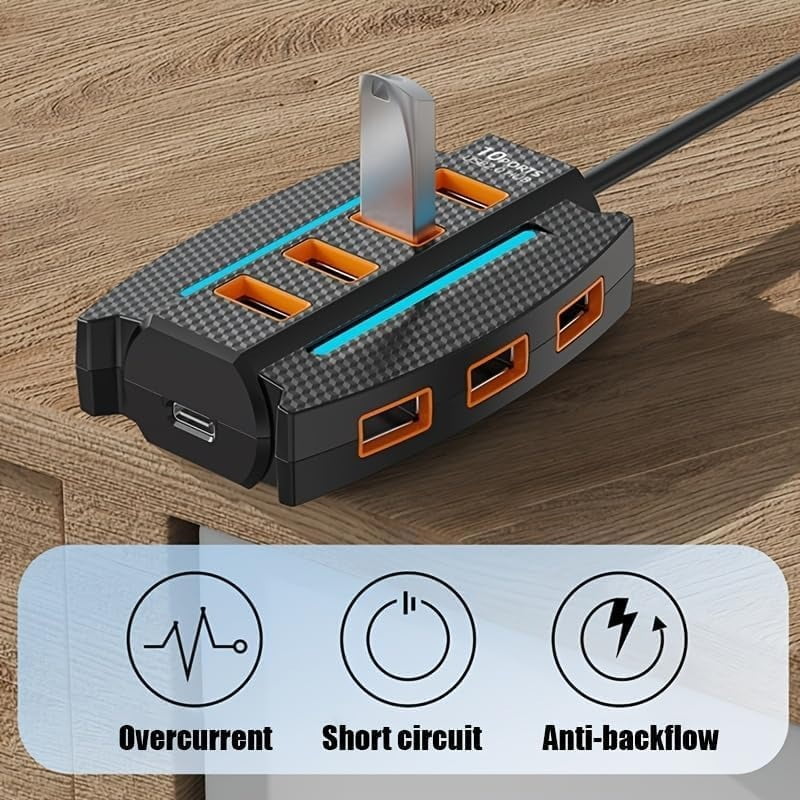 10-Port USB 3.0 Hub with Power Adapter, High-Speed Multi Hub Splitter with 3.9ft Cable, Compact Multiport USB Extension Dock for Desktop, Laptop, Xbox, Camera, Keyborad, Mouse